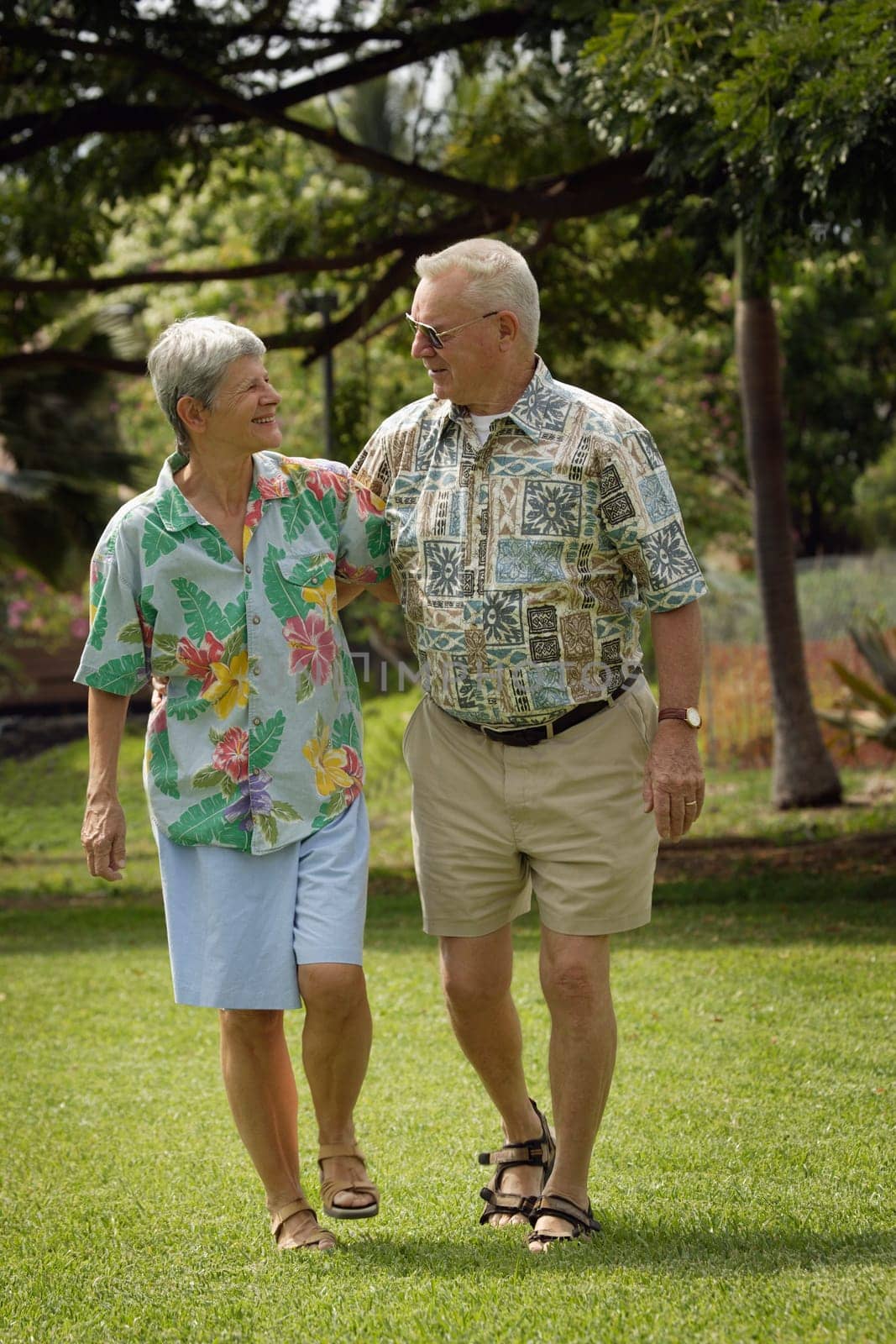Senior couple walking in field