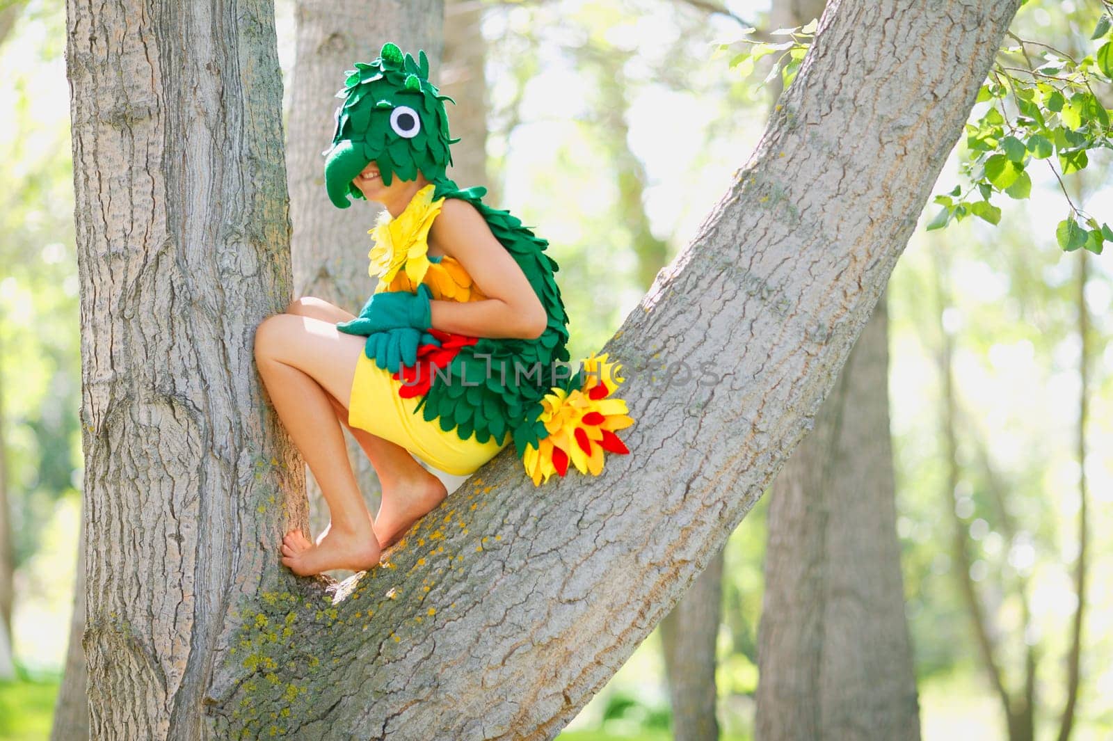 A child in bird costume up in a tree