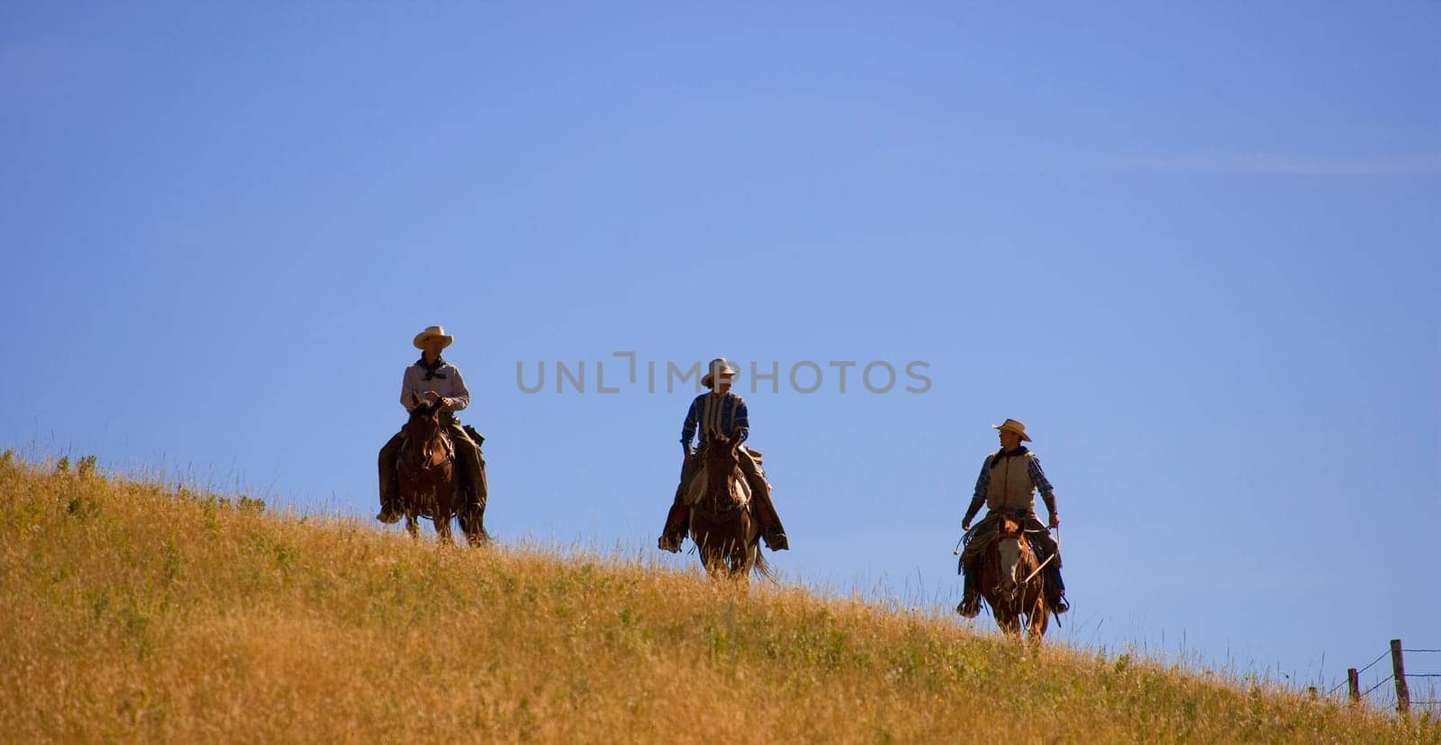 Three cowboys coming over the hill