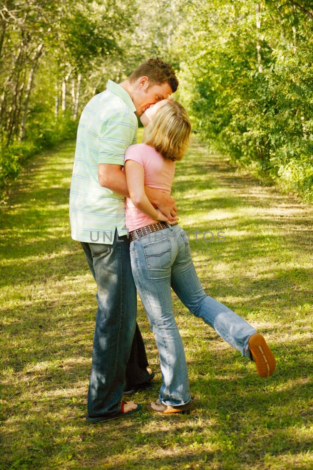 Couple stop to kiss