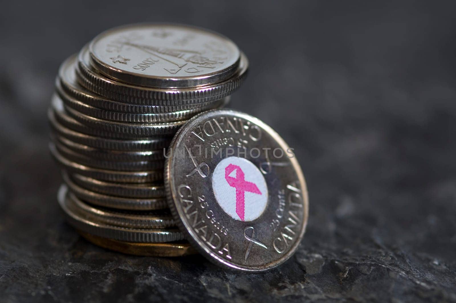 Canadian coins with breast cancer ribbon