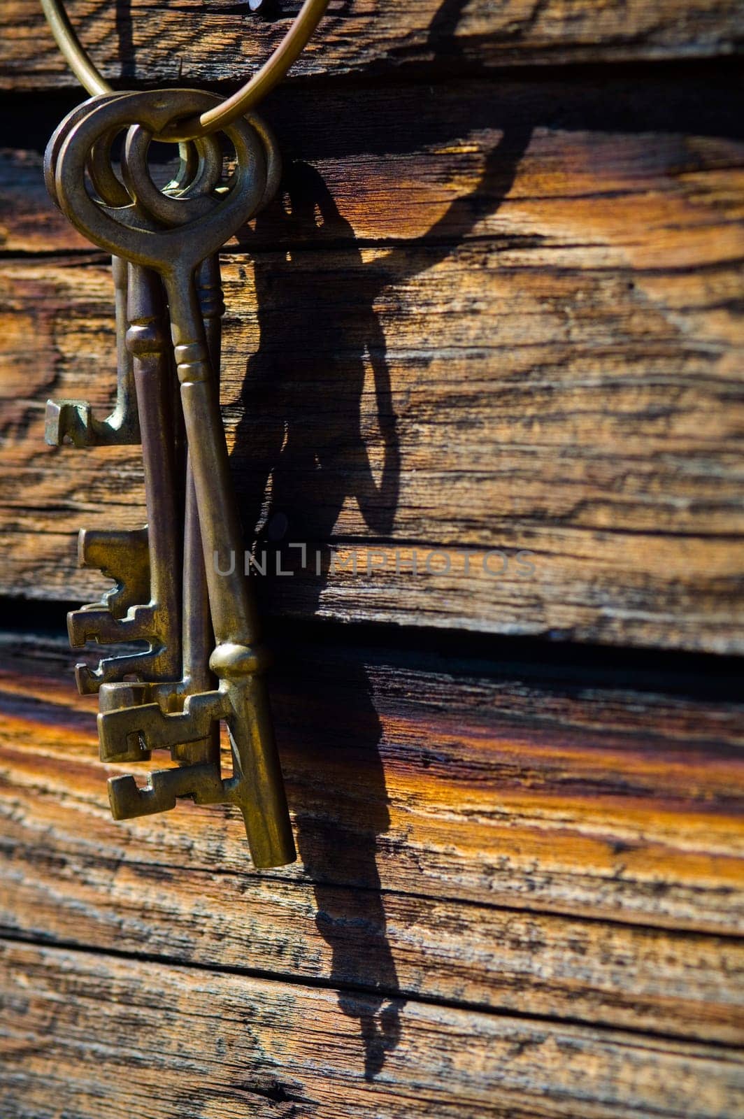 Old-fashioned keys on log wall