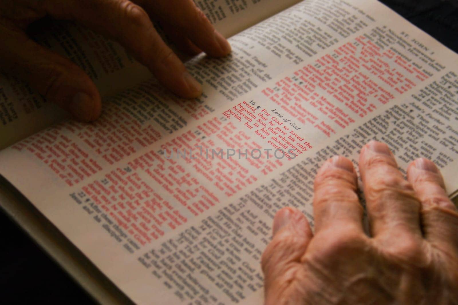 Closeup of senior reading Bible