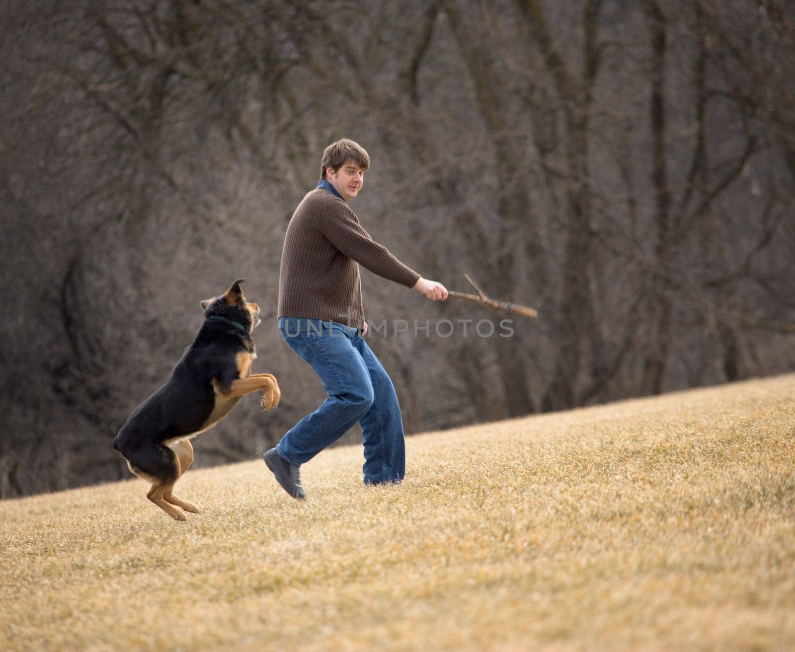 Man playing with dog