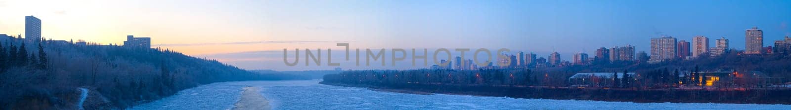 Panoramic of river in winter ice, Edmonton, Alberta