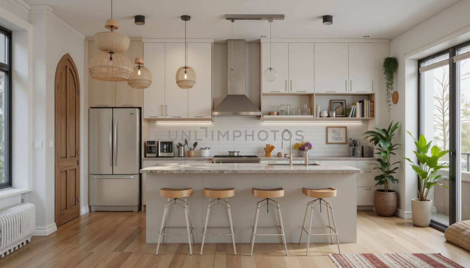 A kitchen with a large island and a potted plant. The kitchen is clean and well-organized, with a modern design. The potted plant adds a touch of greenery and life to the space