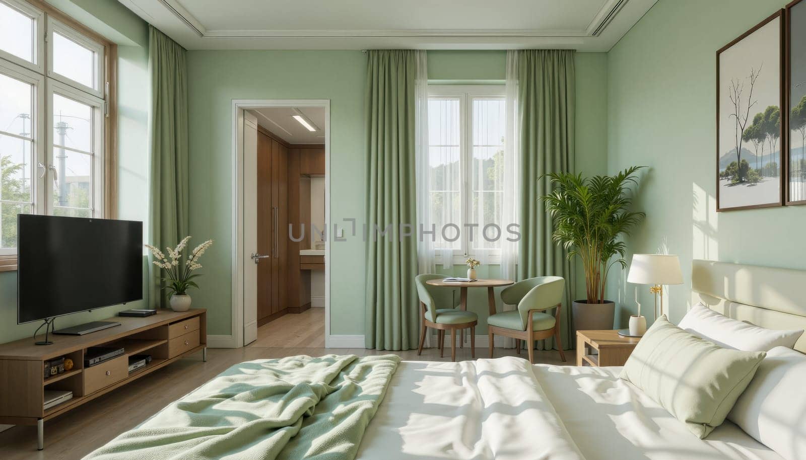A bedroom with a green wall and a green bed. A television is on a stand in the room