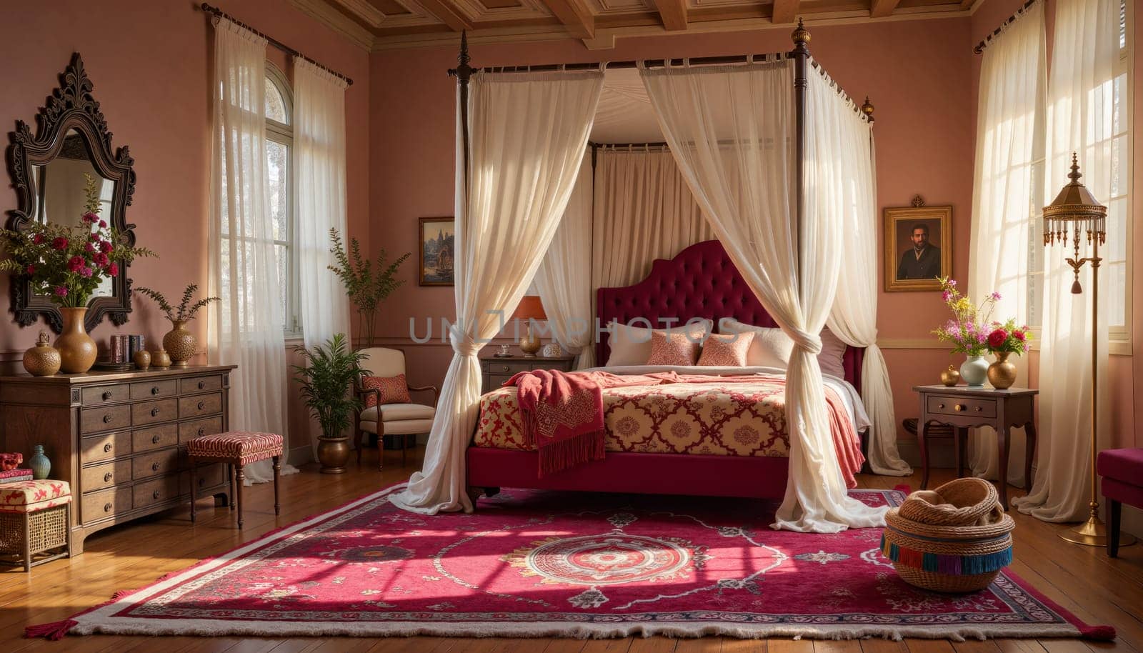 A large bed with a canopy and a red rug. The room is decorated in a pink color scheme