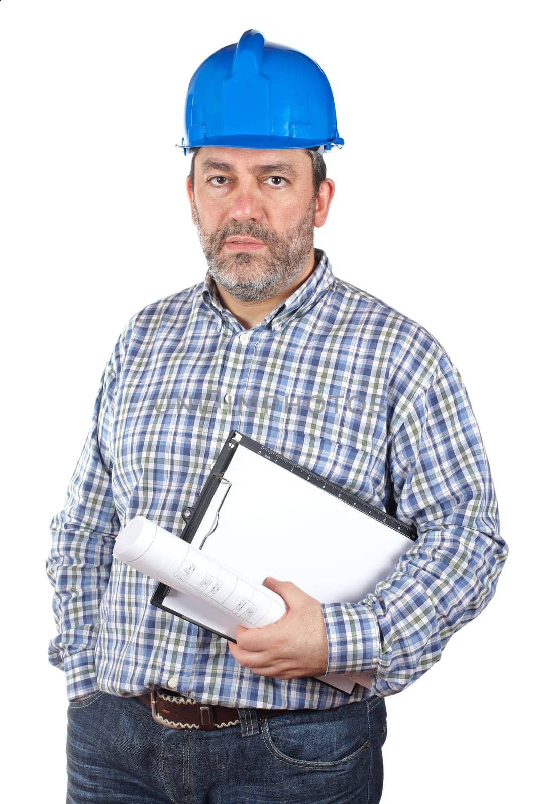 Construction worker holding blueprints