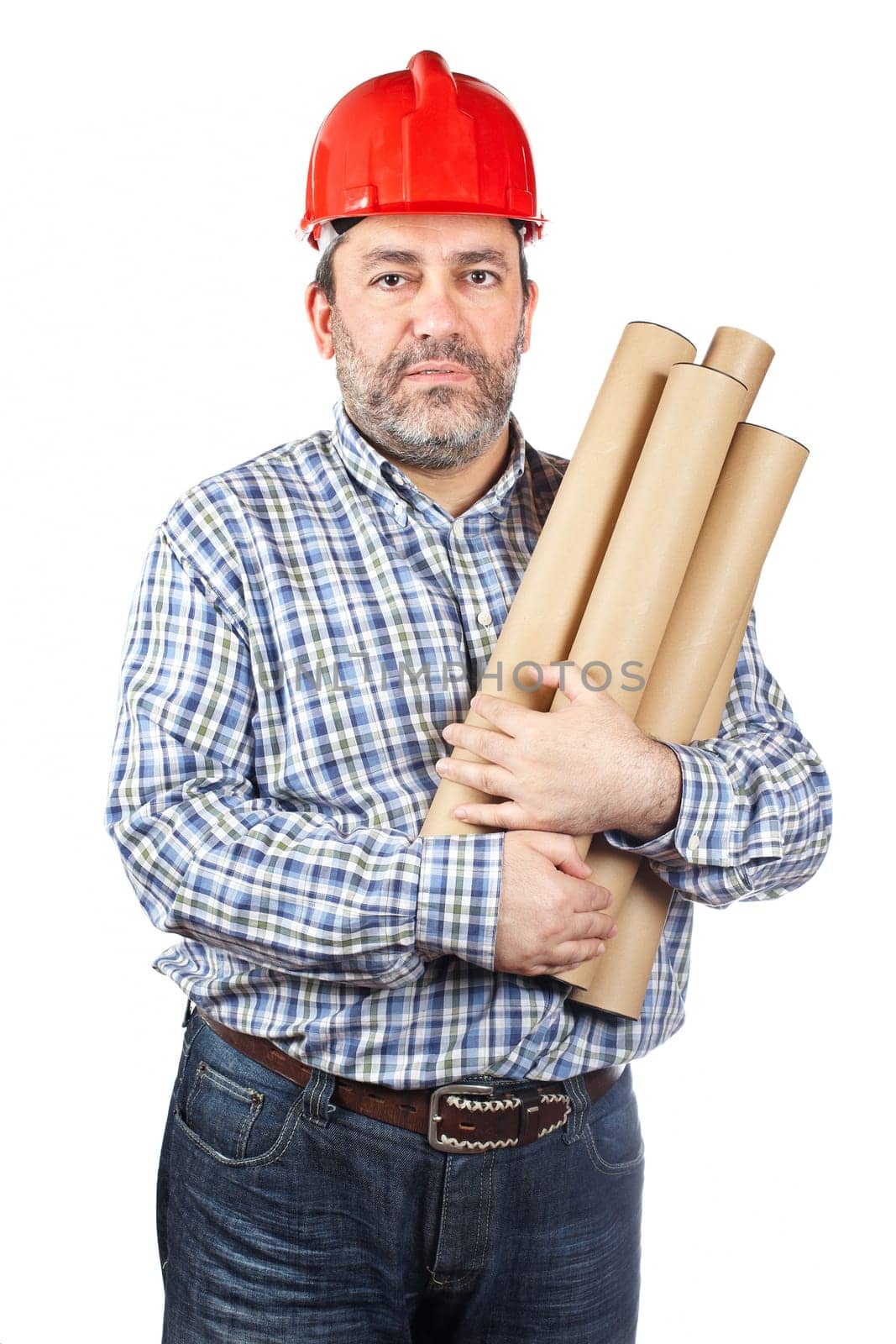 Construction worker holding cardboard tubes