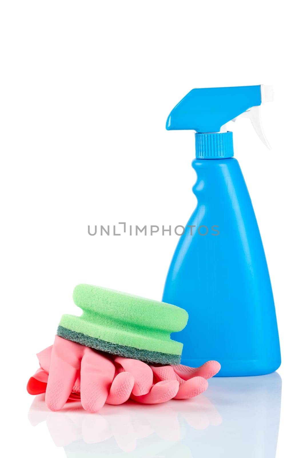 Detergent spray bottle, sponge and gloves