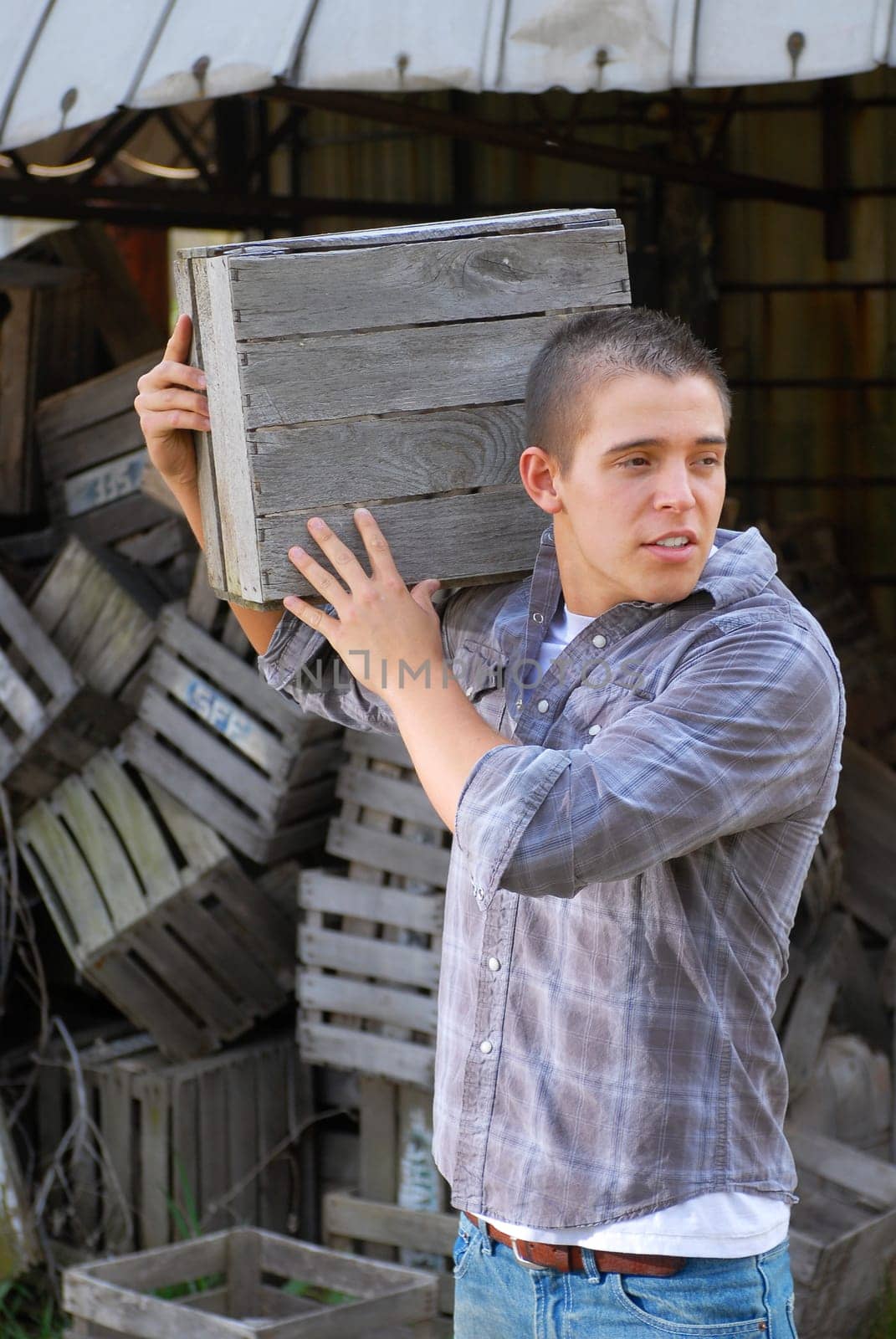 Man moving wooden crate