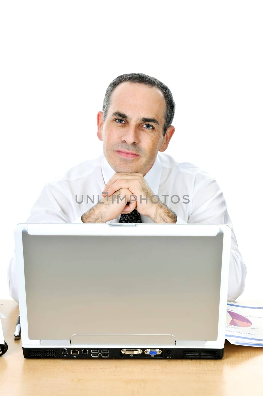 Businessman at his desk on white