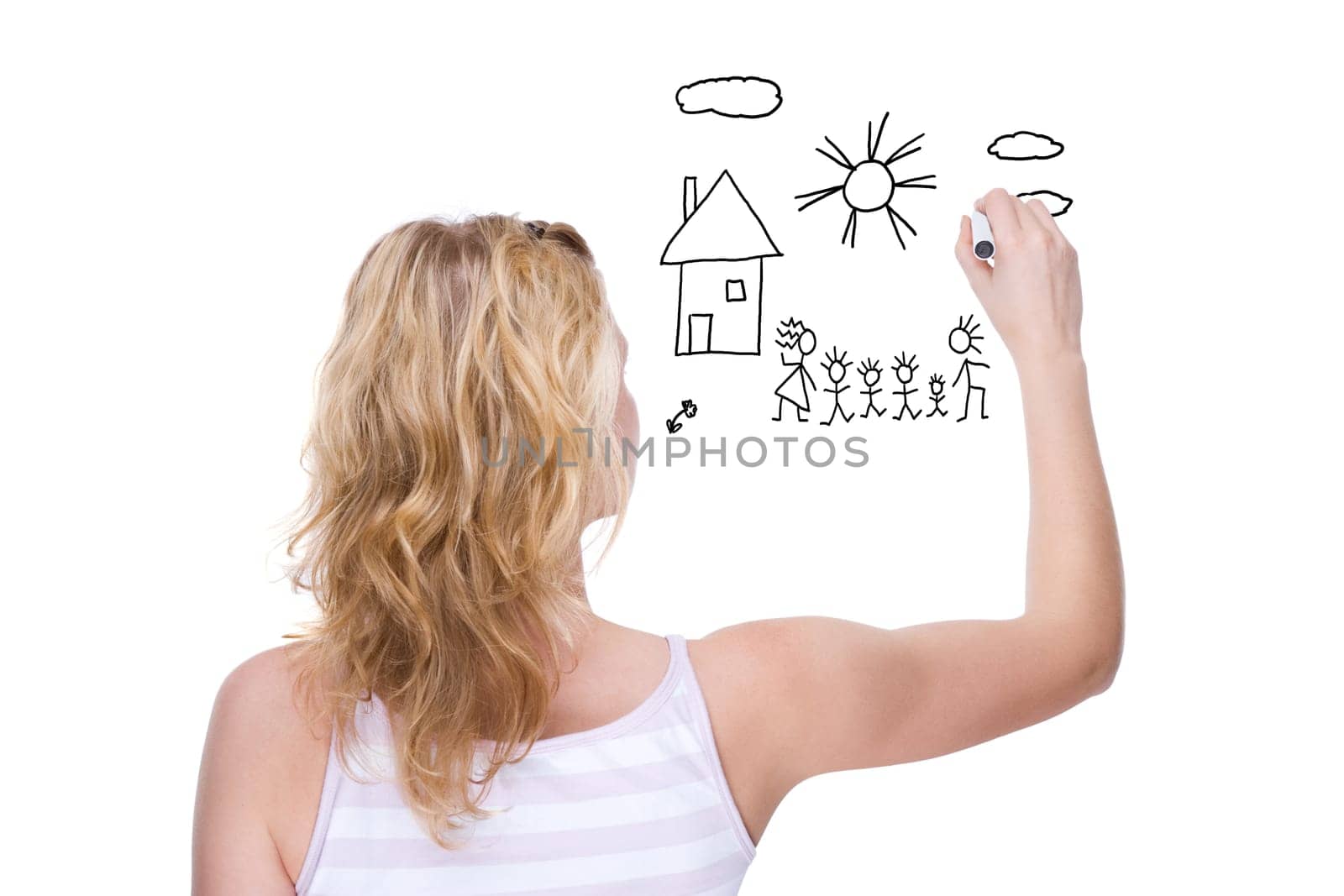 Young woman paints stick figure picture