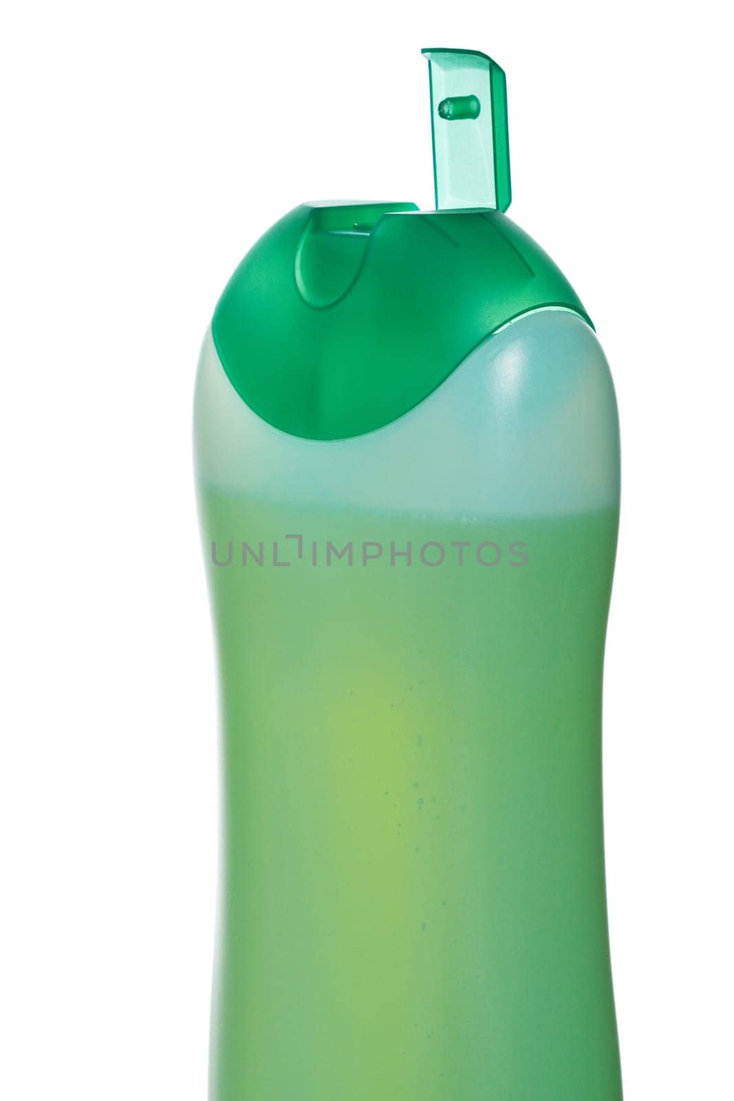 Opened plastic bottle with soap or shampoo