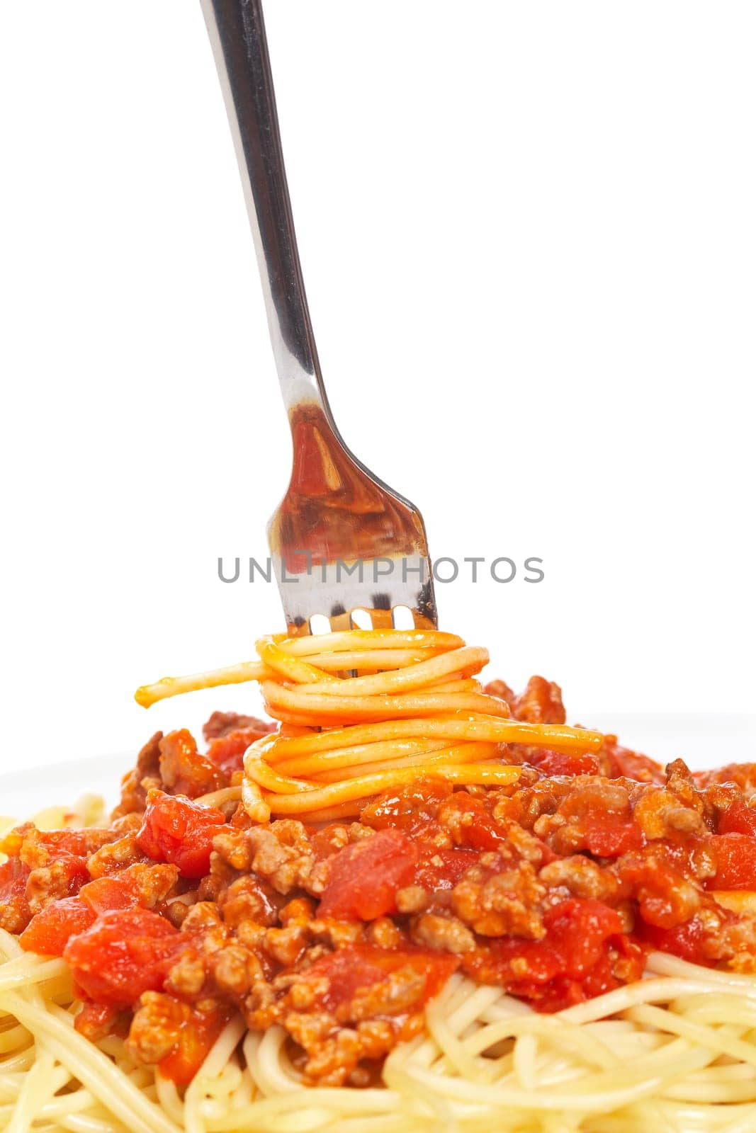 Rolled spaghetti on a fork