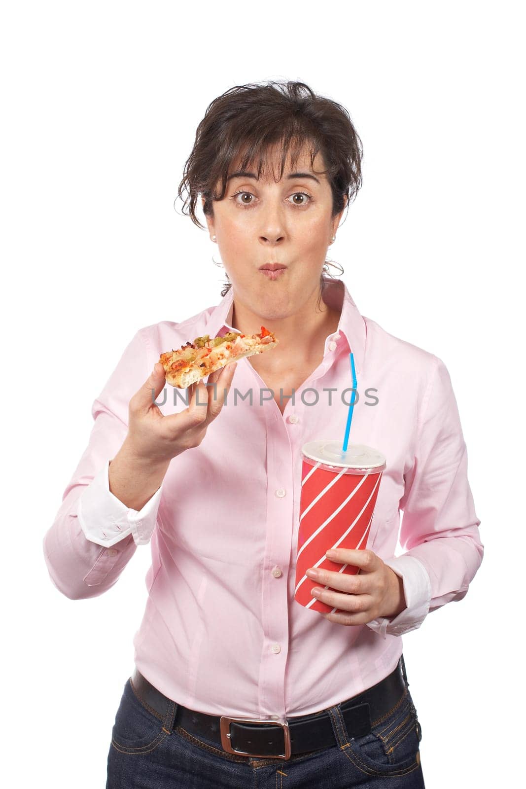 Casual woman eating pizza