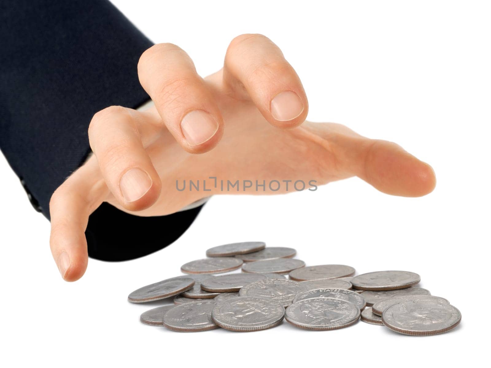 Hand reaching for U.S. coins