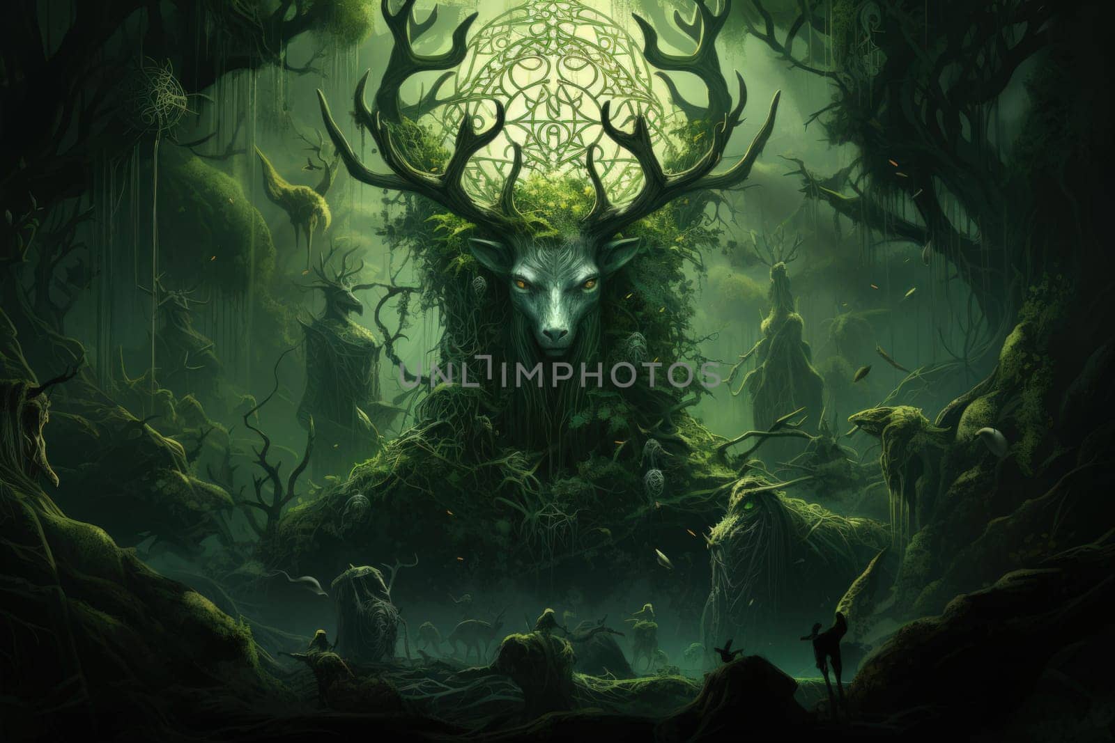 Deep within the mystical woodland realms of fantasy, ancient forest spirits stand as silent sentinels, their ethereal presence a testament to the wisdom and magic of the natural world.