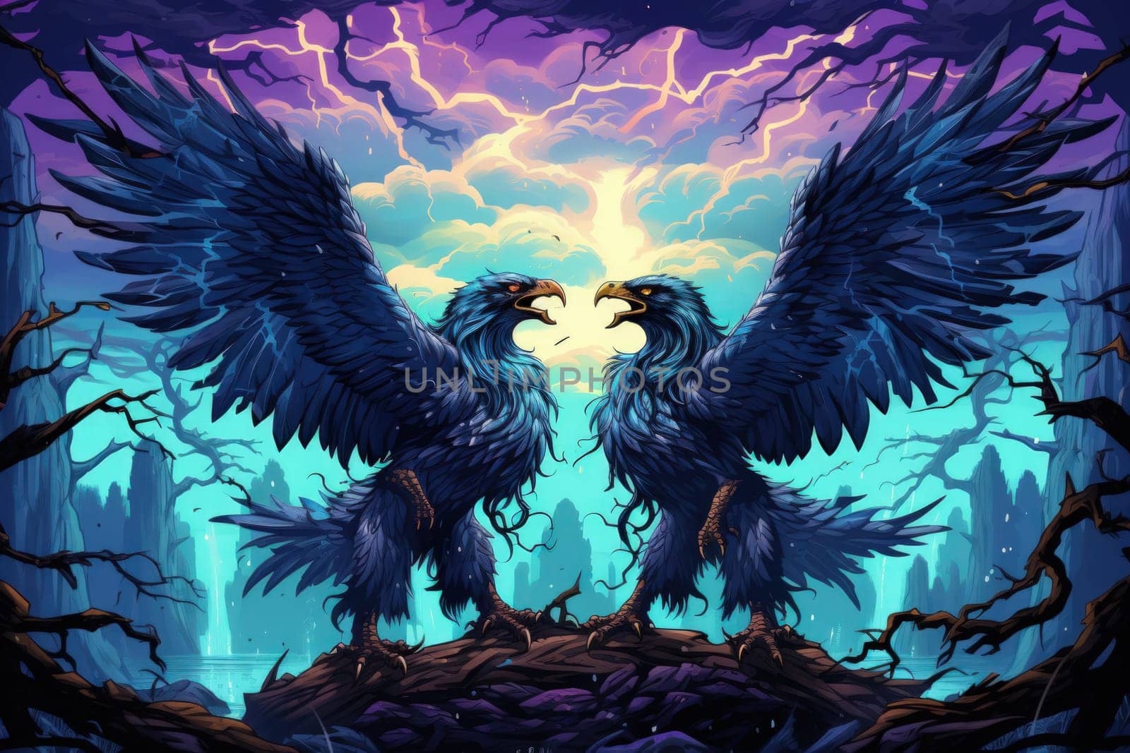 In the realm of fantasy, the skies are home to ferocious thunder hawks, majestic creatures that command the elements.