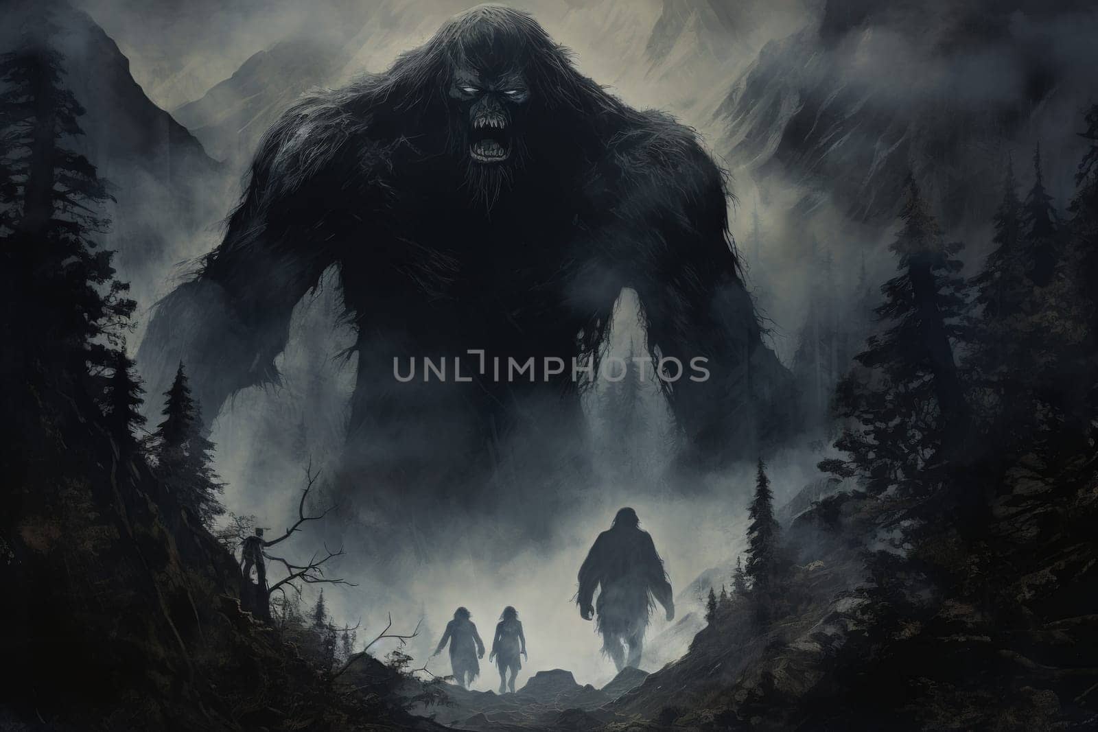 Embark on a fantastical journey where gargantuan giants, with their colossal stature, traverse the towering mountains with thunderous footsteps.