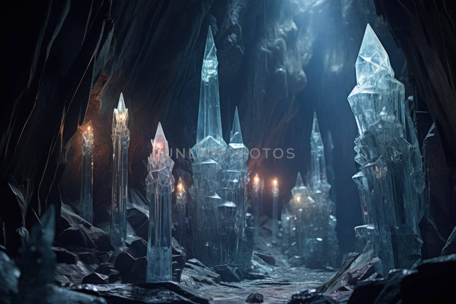 Deep within the realms of fantasy, mysterious icy caves hold untold treasures, guarded by glistening crystal golems.