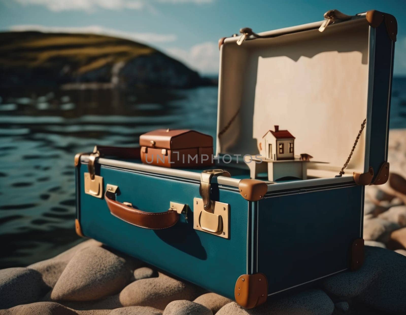 Suitcase with a house inside. Travel concept. AI illustration.