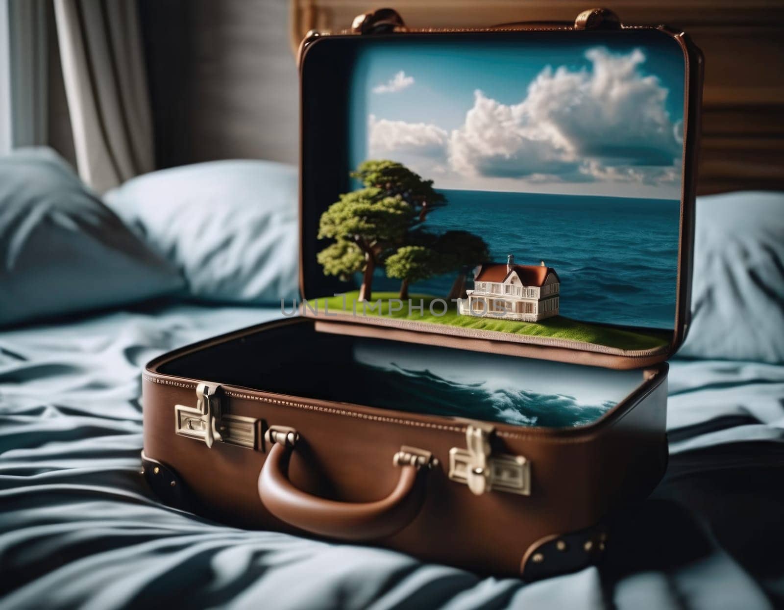Suitcase with a house inside. Travel concept. AI illustration.