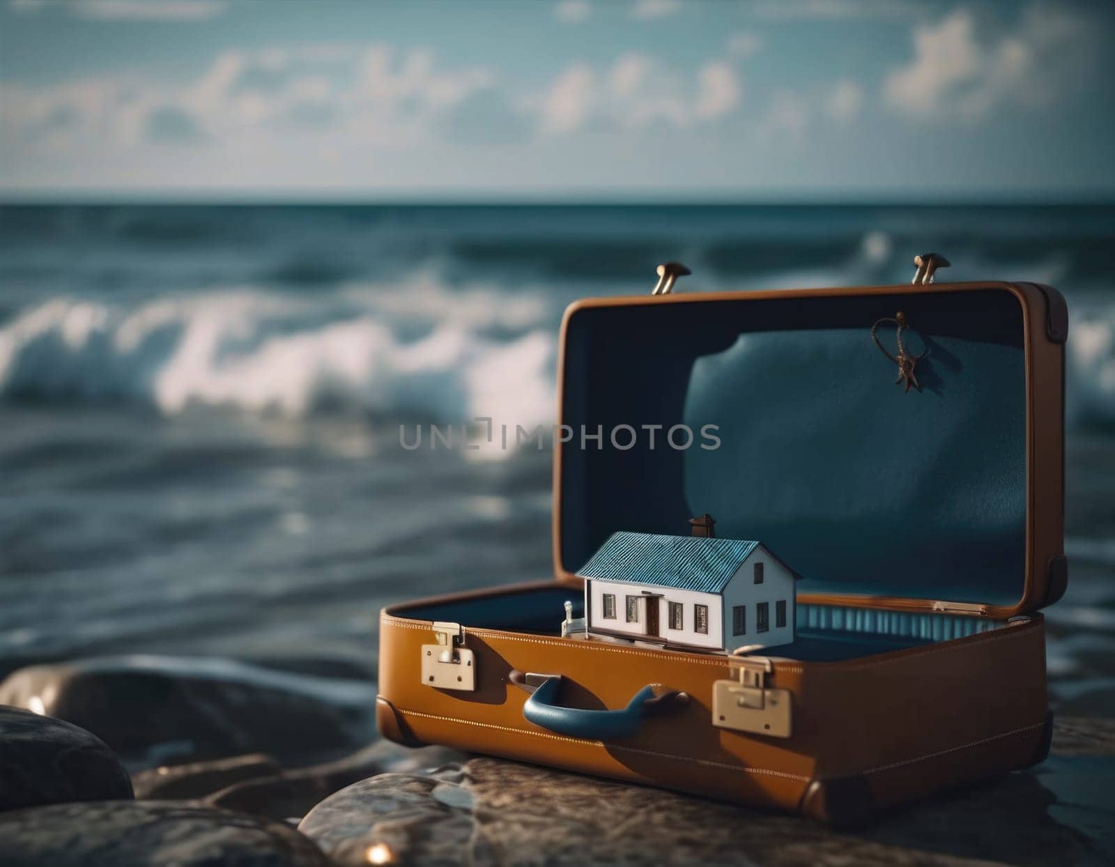 Suitcase with a house inside. Travel concept. AI illustration.