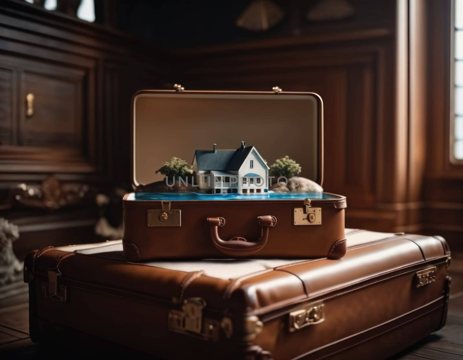 Suitcase with a house inside. Travel concept. AI illustration.