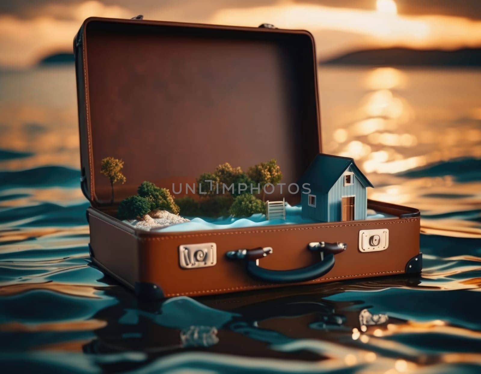 Suitcase with a house inside. Travel concept. AI illustration.