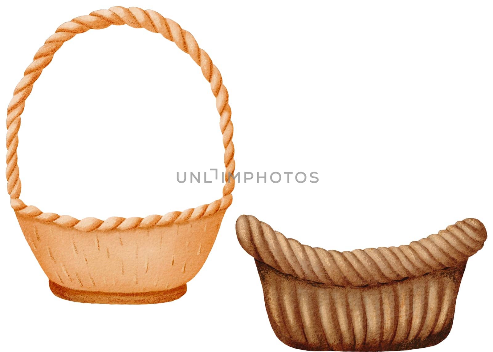 Set of empty wicker basket for picking mushrooms, berries, fruits or vegetables. Isolated watercolor illustration is useful for Child illustration, textbook, guide, school book, workbook, notebook,.