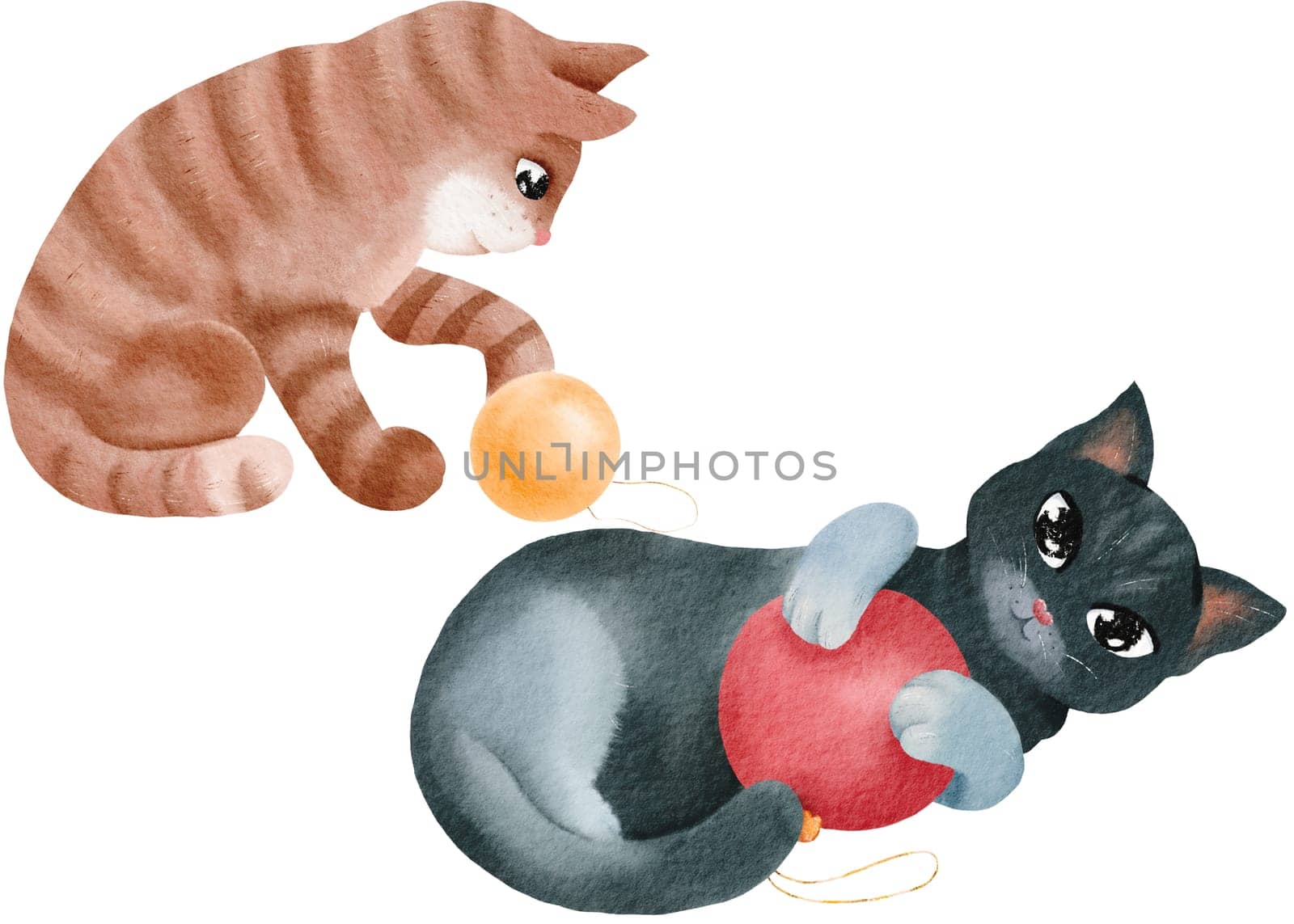 A set of cute funny kitties playing with Christmas balls. Isolated watercolor elements. Tabby cat looks at a New Year's golden ball.Gray black cat hugs a red toy on the Christmas tree. Postcard, wrap.