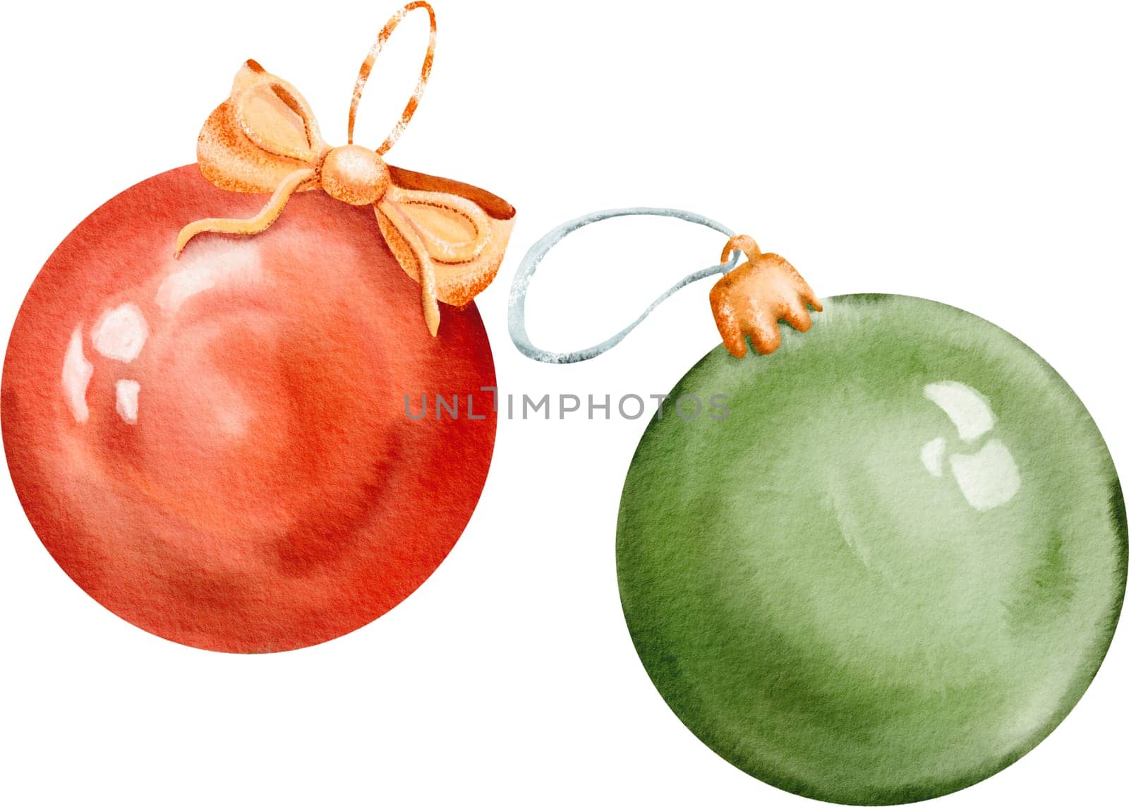 Set of creative christmas balls hand made insolated watercolor illustration. winter season. decorative background for pine tree, greeting card, bauble decorations, books. New Year holiday circle toy by Art_Mari_Ka