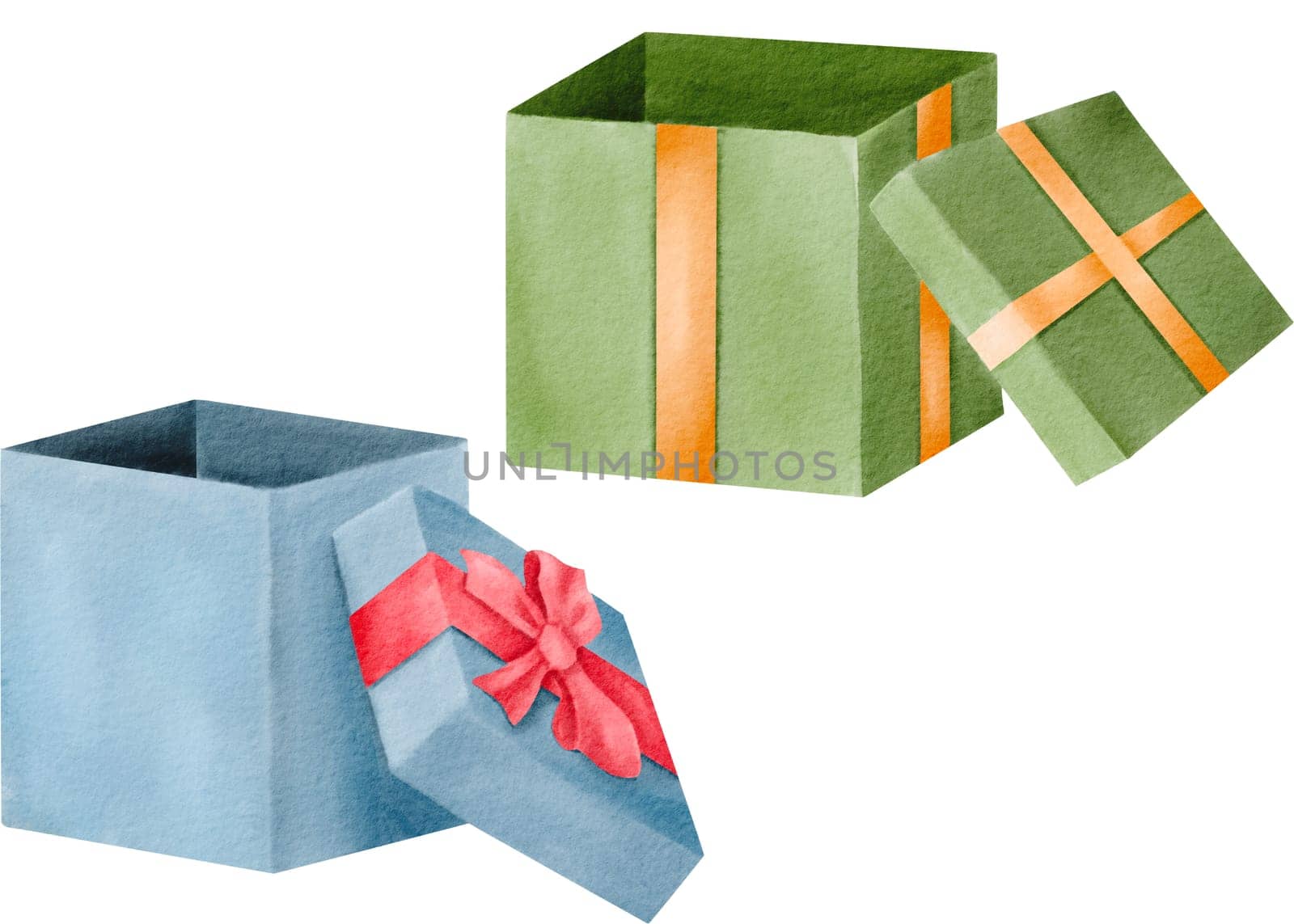 Watercolor multicolor set of gift present box isolated illustration. Christmas gift box tied with gold ribbon. Birthday gift with love. Happy celebration present. holiday decoration for 2023 new year
