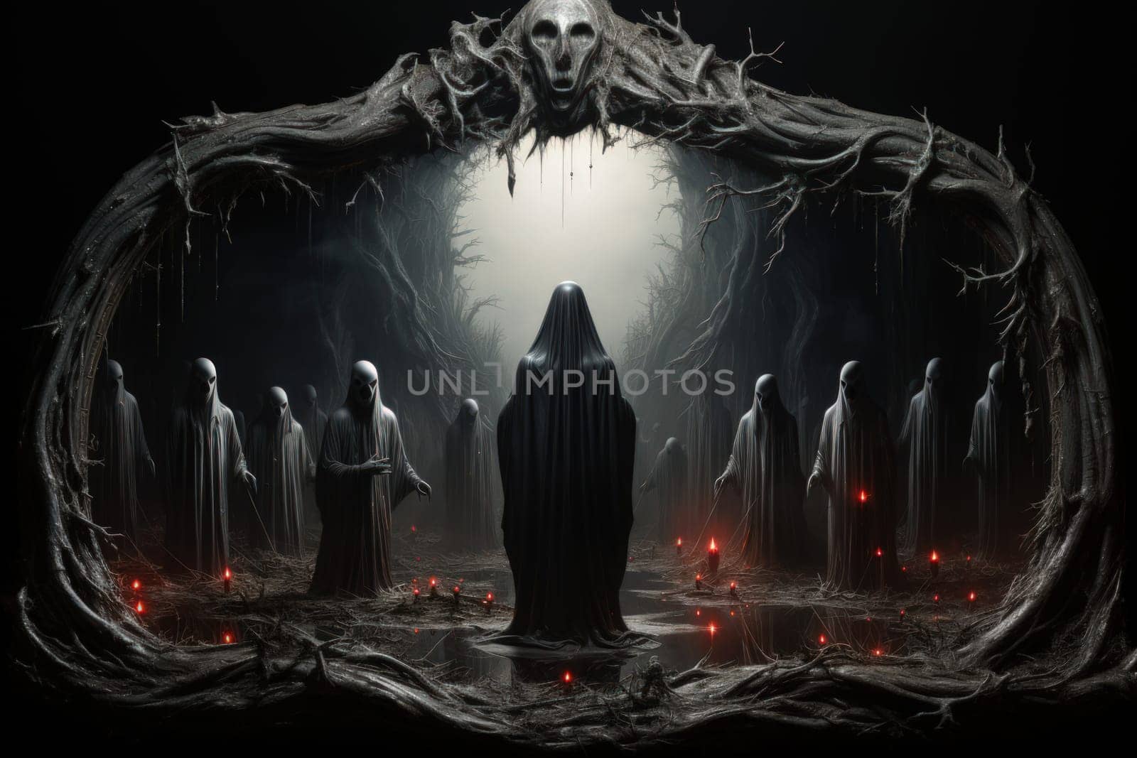 In the realm of fantasy, cursed mirror spirits are bound, their ethereal existence trapped within reflective surfaces.