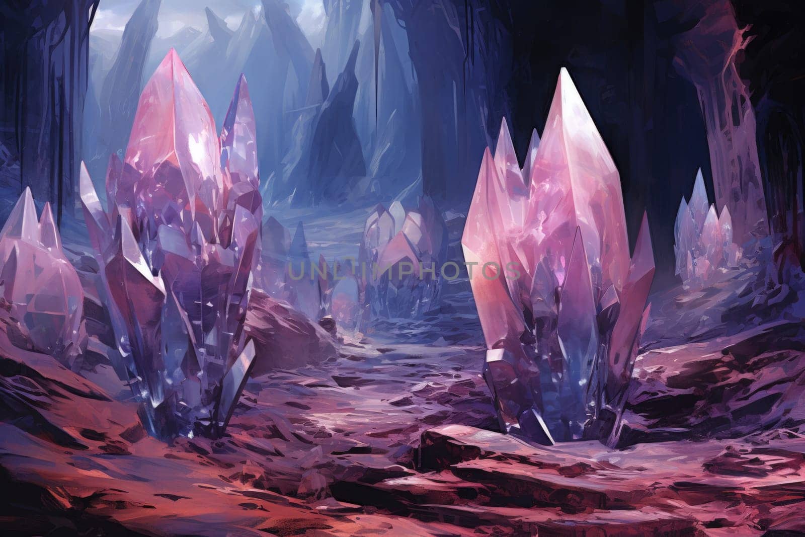 Deep within the realms of fantasy, mysterious icy caves hold untold treasures, guarded by glistening crystal golems.