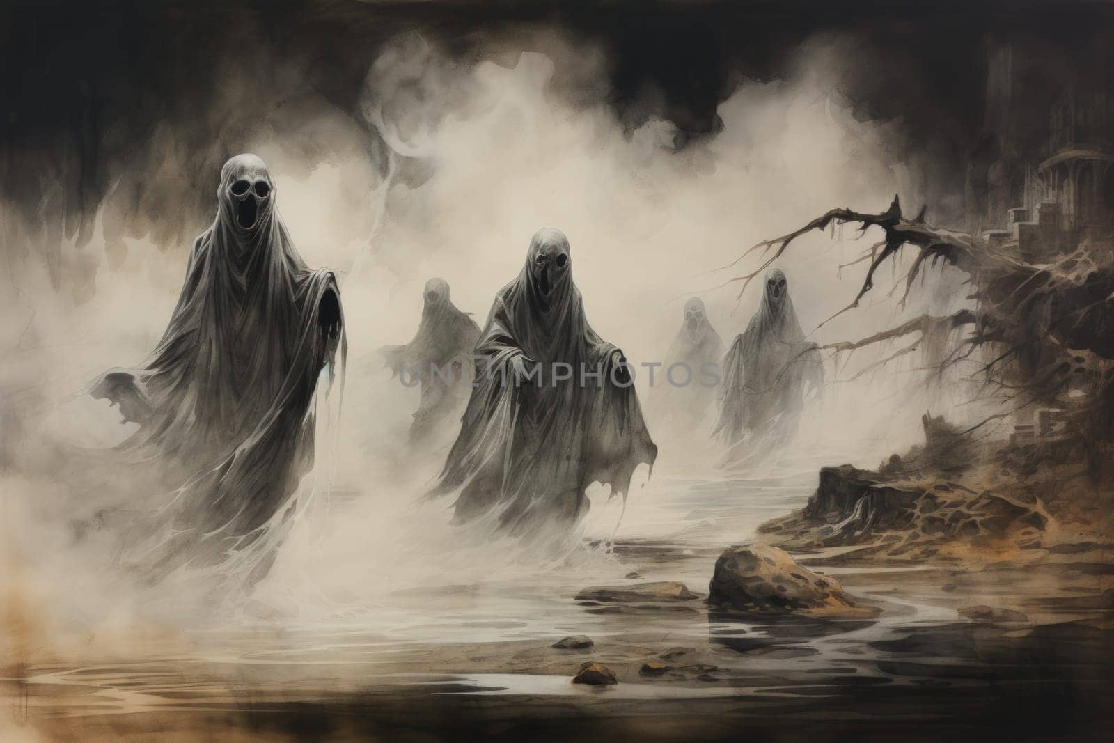 In the realm of fantasy, haunting ghostly apparitions are ethereal beings that exist between the world of the living and the realm of the dead.