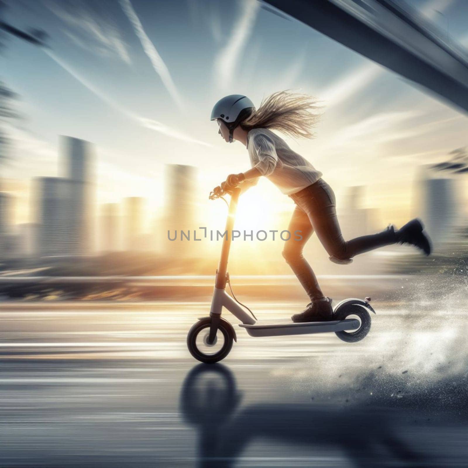 woman fast drive electric scooter jumping slope arriving the city motion blurred by verbano