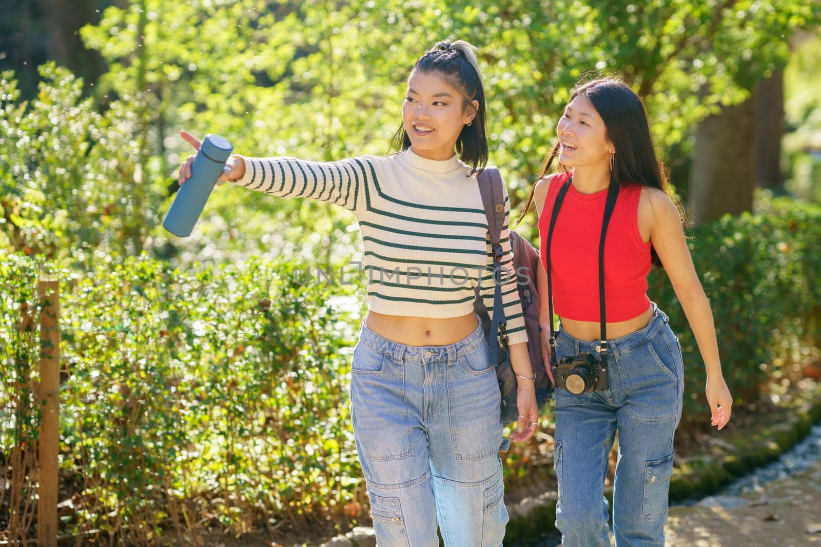 Positive young Asian female friends in casual clothes smiling and pointing away while walking together in sunny green forest of Alhambra during trip through Granada