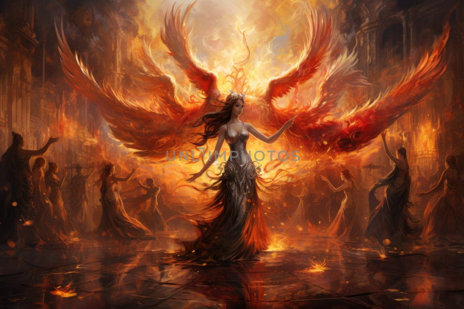 Within the realm of fantasy, elegant phoenix dancers grace the stage, their mesmerizing performances engulfed in flames.