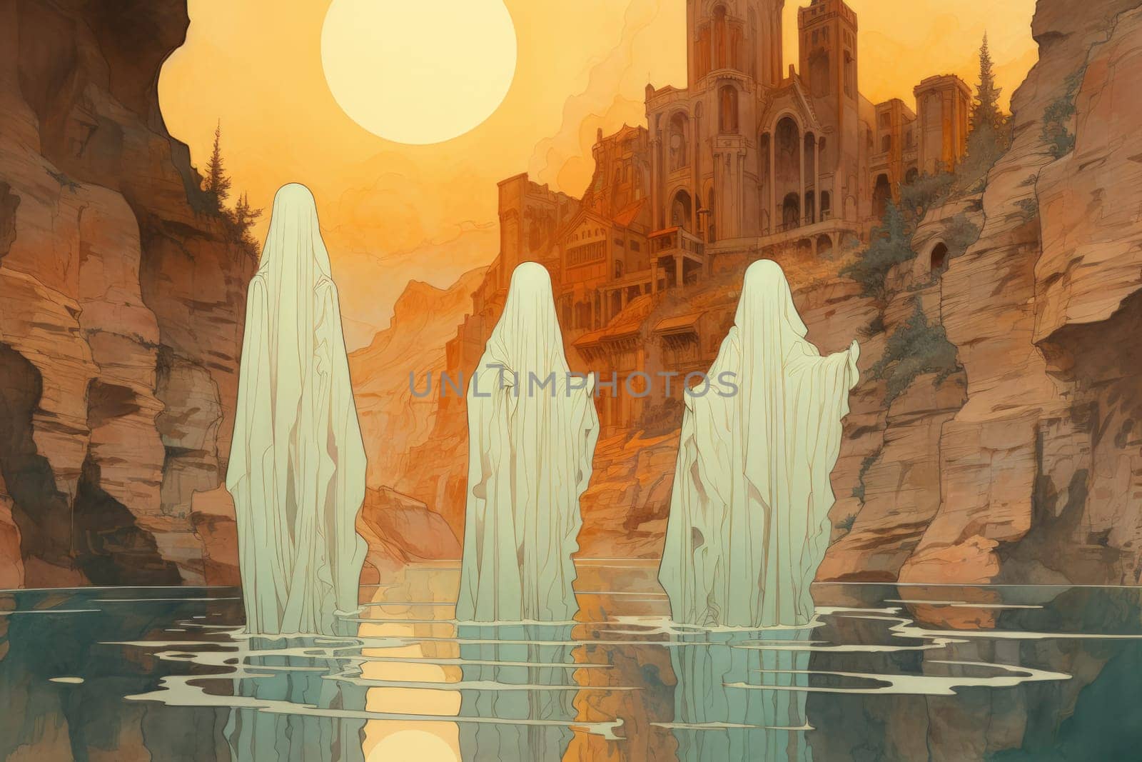 In the realm of fantasy, eerie and ethereal, ancient ruins and crumbling castles are shrouded in an unsettling atmosphere, haunted by ghostly apparitions.