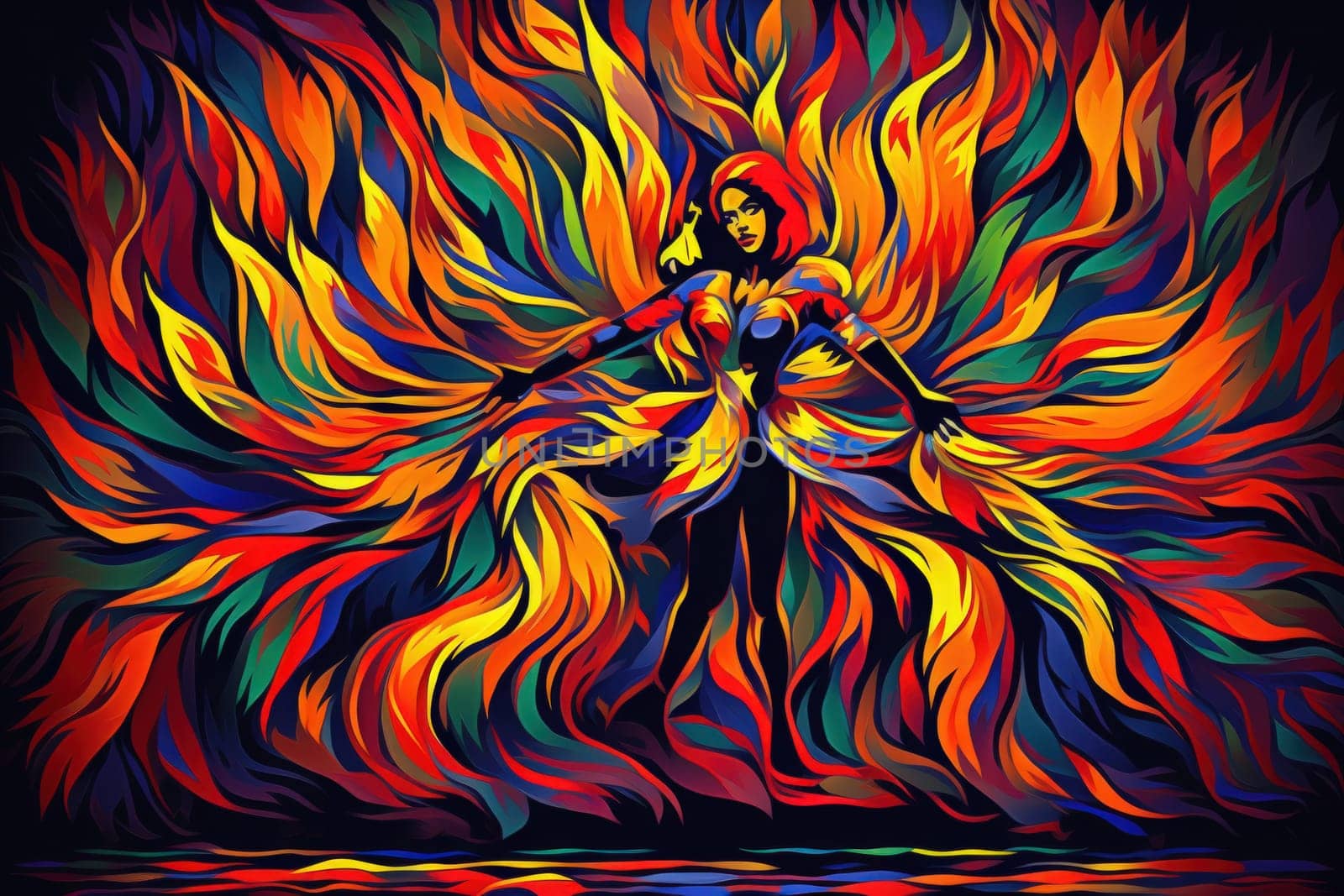 Within the realm of fantasy, elegant phoenix dancers grace the stage, their mesmerizing performances engulfed in flames.