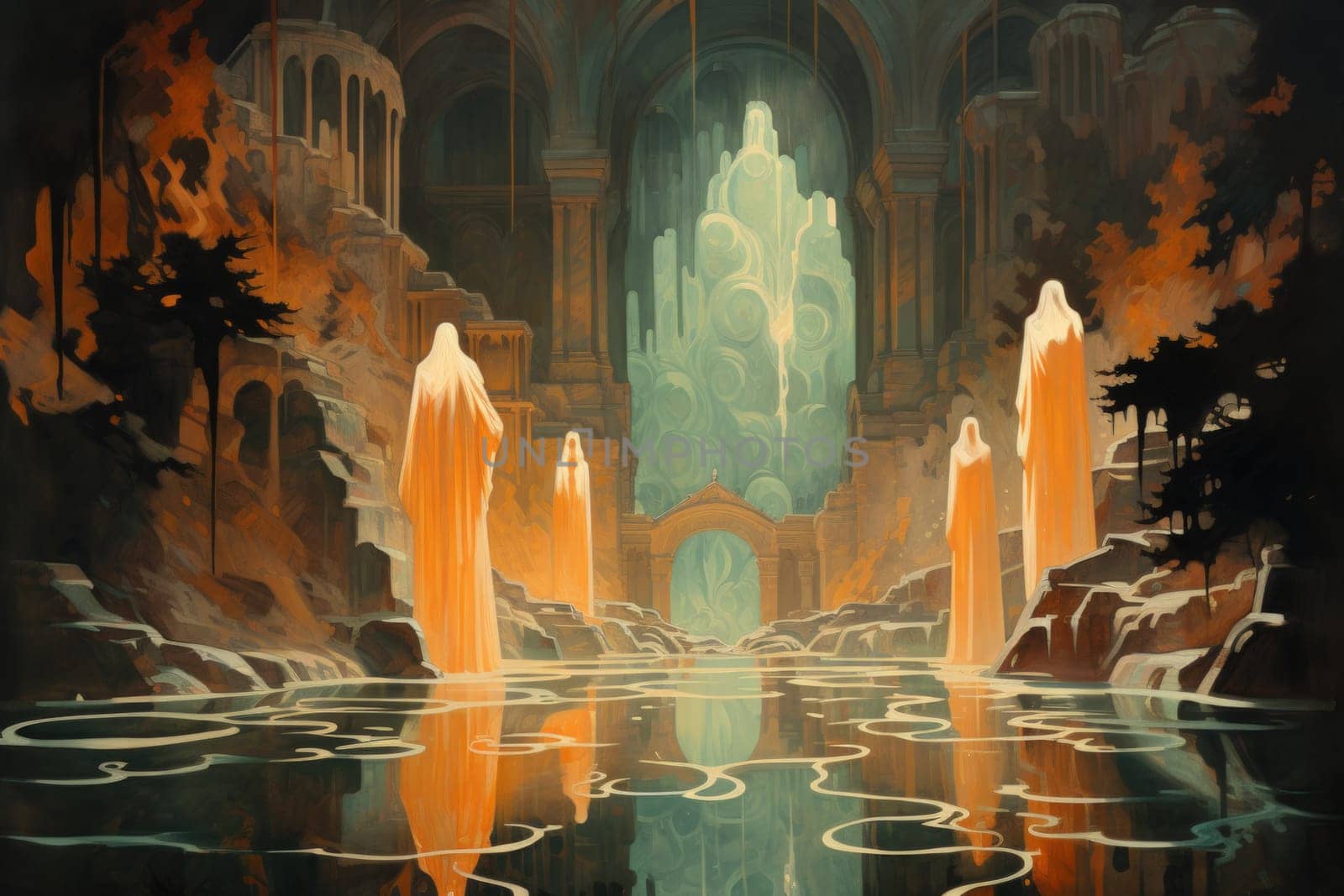 In the realm of fantasy, eerie and ethereal, ancient ruins and crumbling castles are shrouded in an unsettling atmosphere, haunted by ghostly apparitions.