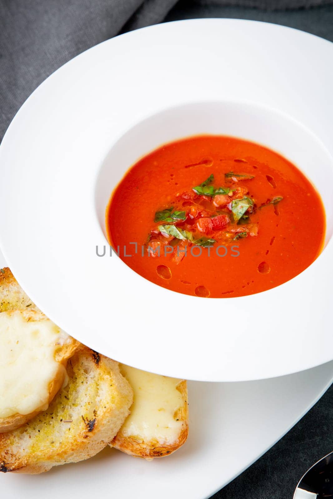 red tomato cream soup with herbs and toasted bread side view by tewolf