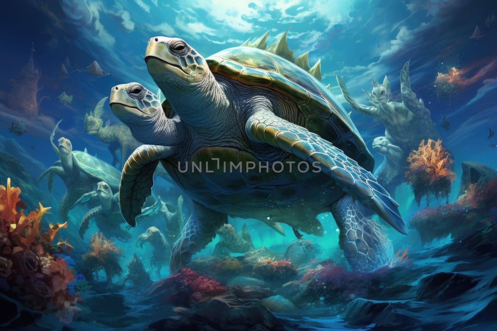 Embark on an extraordinary journey through the realm of fantasy and encounter the majestic ancient sea turtles.