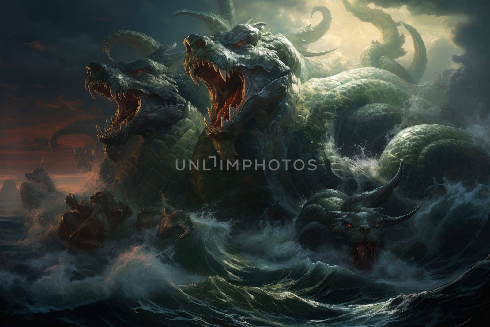 Dive into a fantastical realm where gigantic sea serpents, with their immense coils, slither through treacherous waters.
