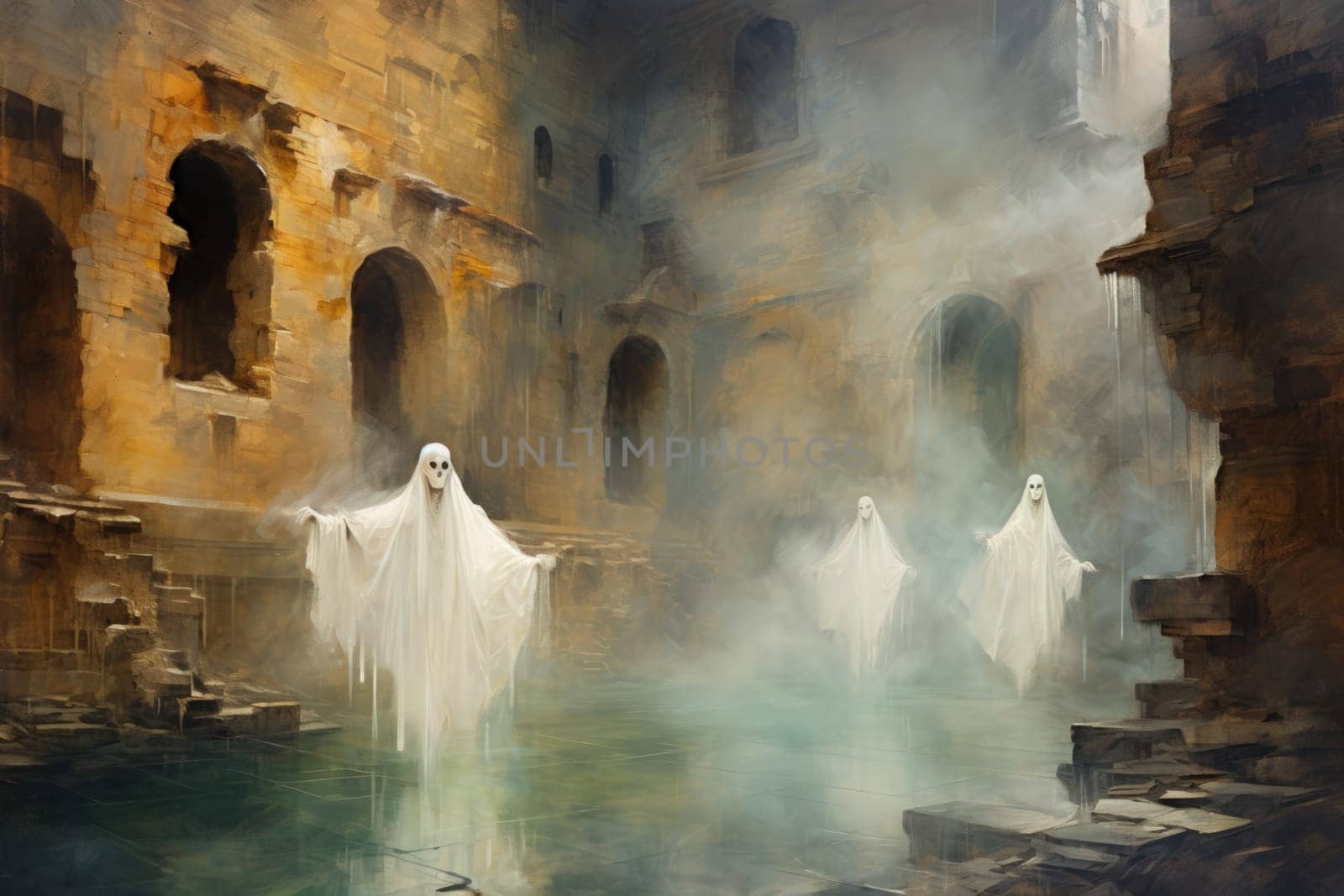 In the realm of fantasy, eerie and ethereal, ancient ruins and crumbling castles are shrouded in an unsettling atmosphere, haunted by ghostly apparitions.