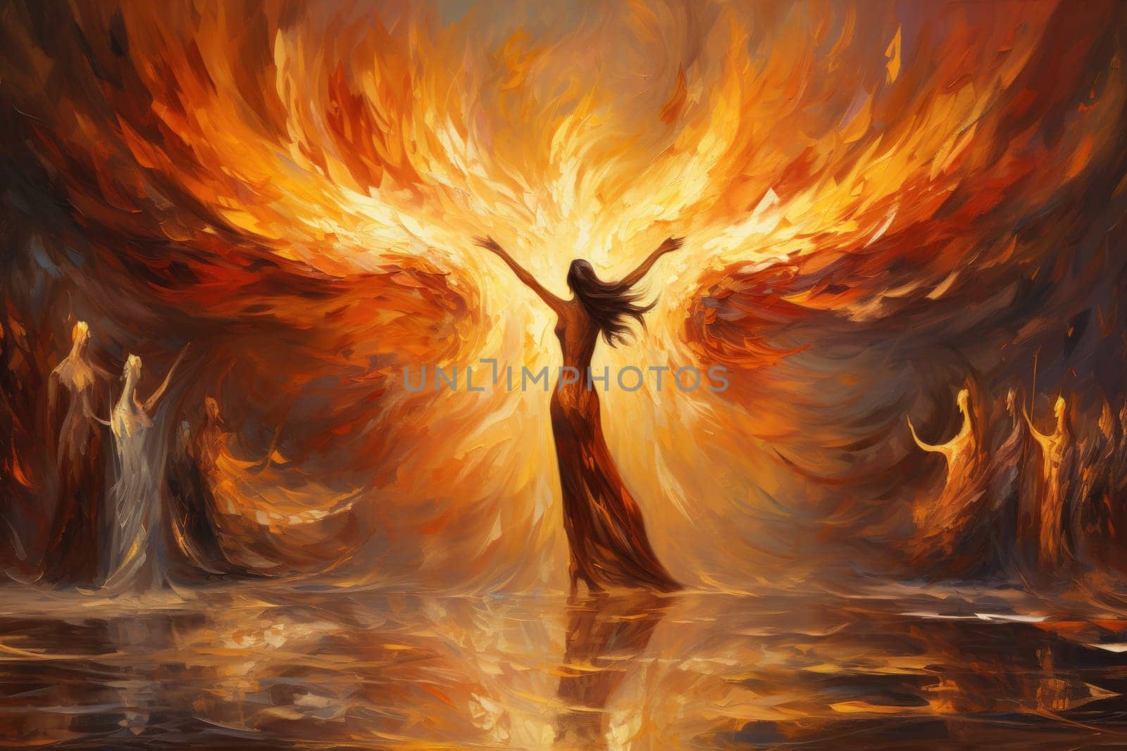 Within the realm of fantasy, elegant phoenix dancers grace the stage, their mesmerizing performances engulfed in flames.