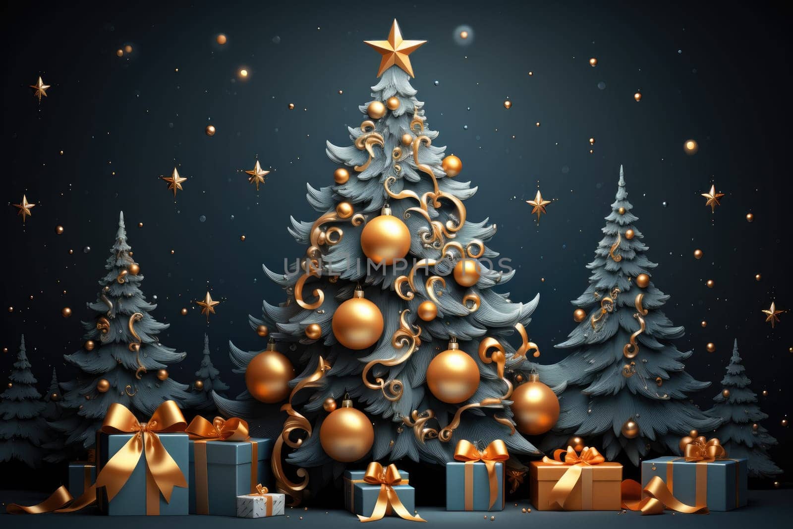 Christmas tree with Christmas balls and gifts. Background Generative AI.